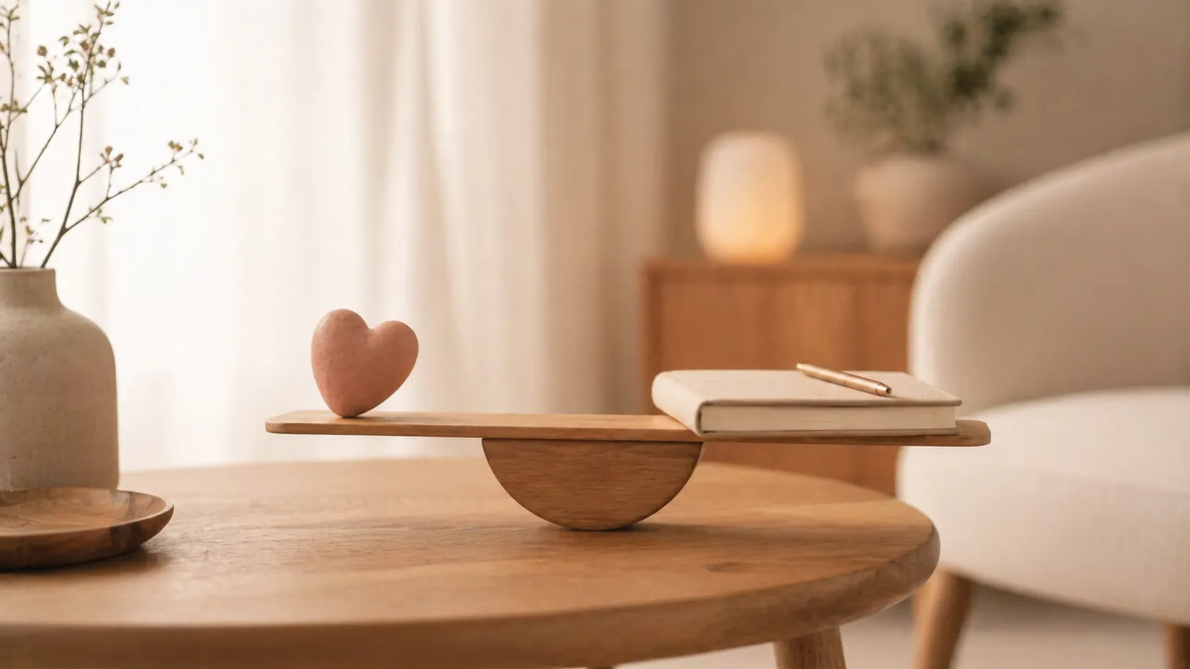 Ruhige Tischszene mit Balance-Symbol als Bild für inneres Gleichgewicht